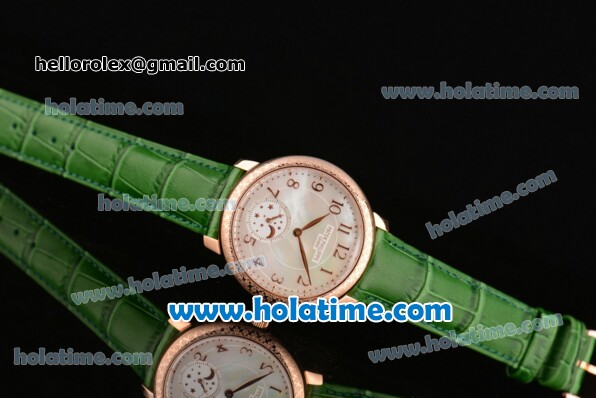 Patek Philippe Complications Miyota Quartz Rose Gold Case with White MOP Dial Green Leather Bracelet and Numeral Markers - Click Image to Close